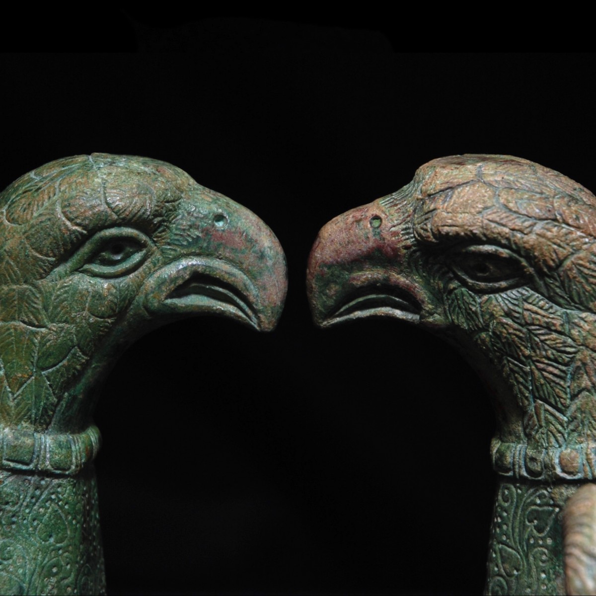 Roman Bronze chariot fitting eagle heads detail