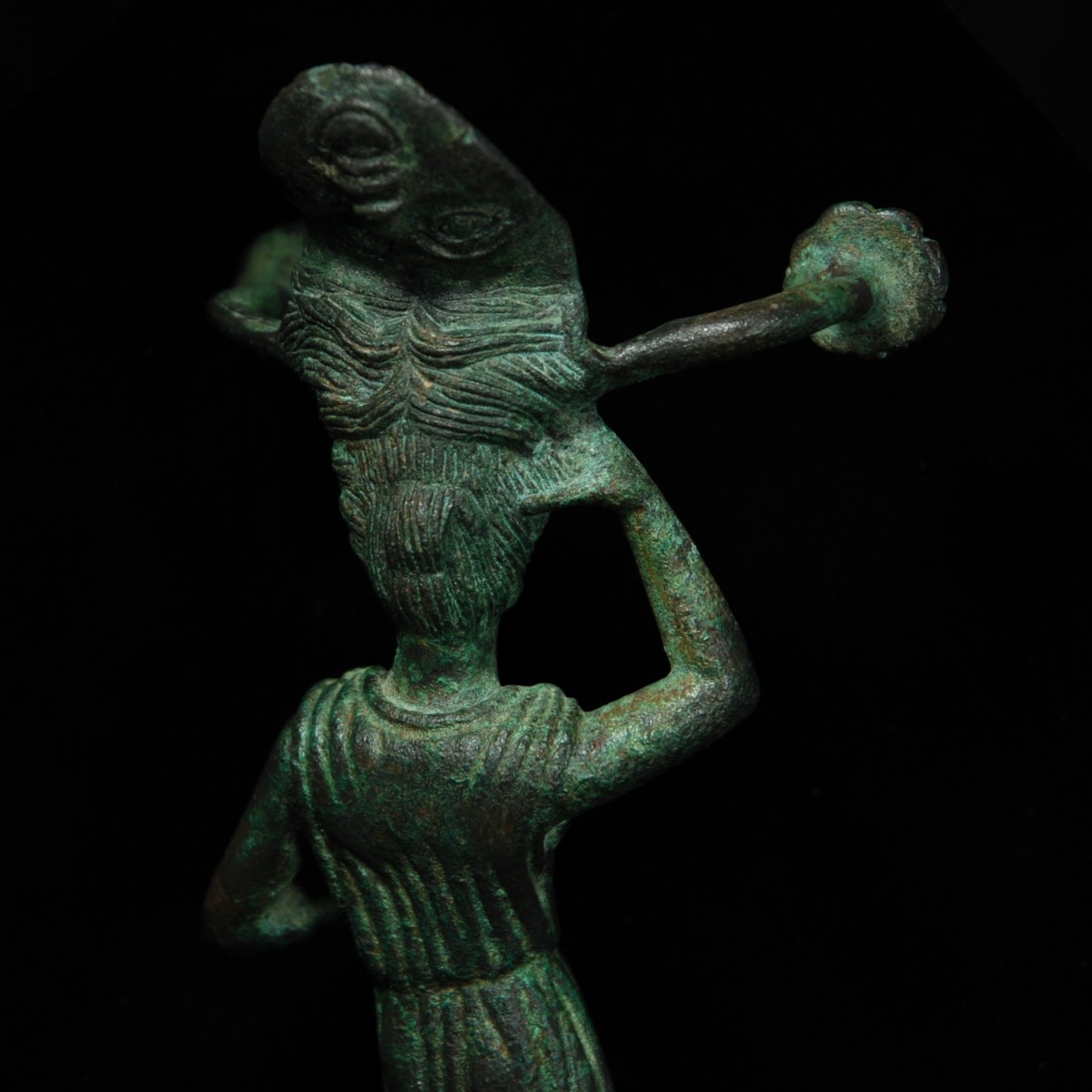 Etruscan bronze patera handle back detail