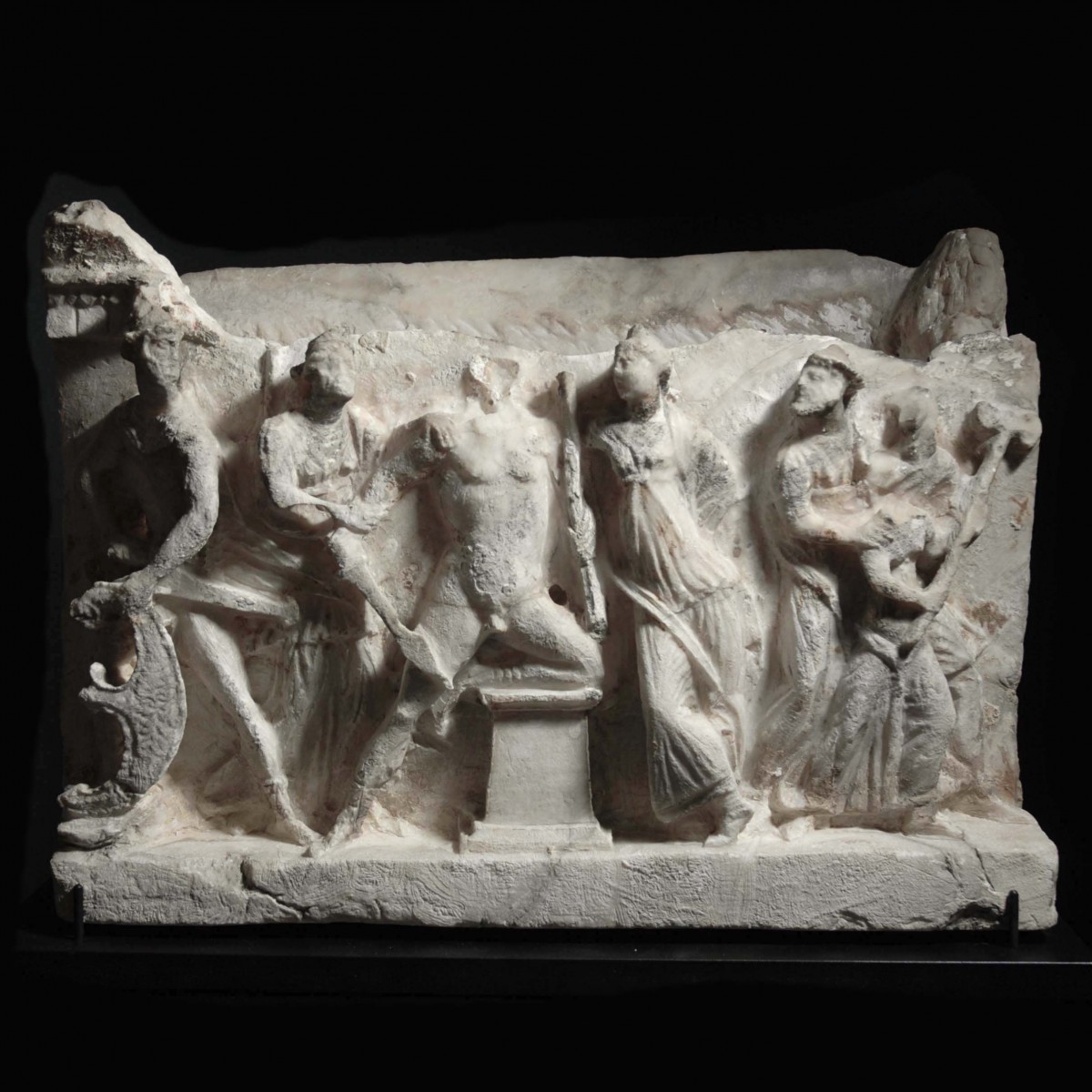Etruscan alabaster cinerary urn showing the recognition of Paris front
