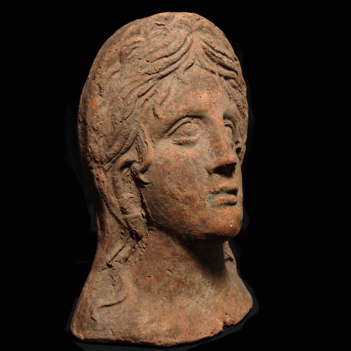 Etruscan terracotta head of a female half right