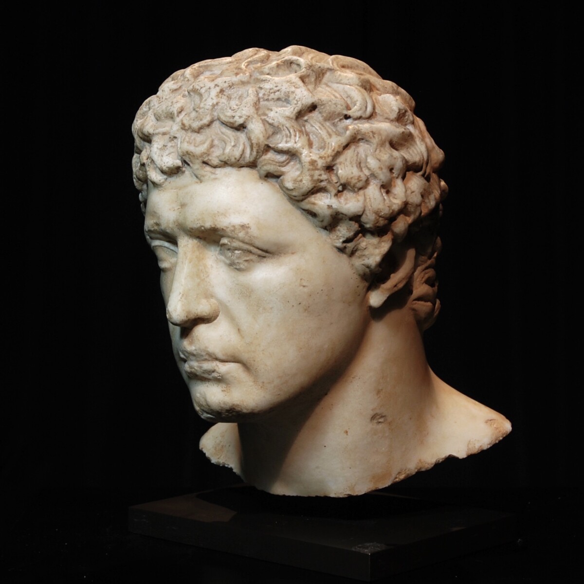 Roman marble head of an athlete half left