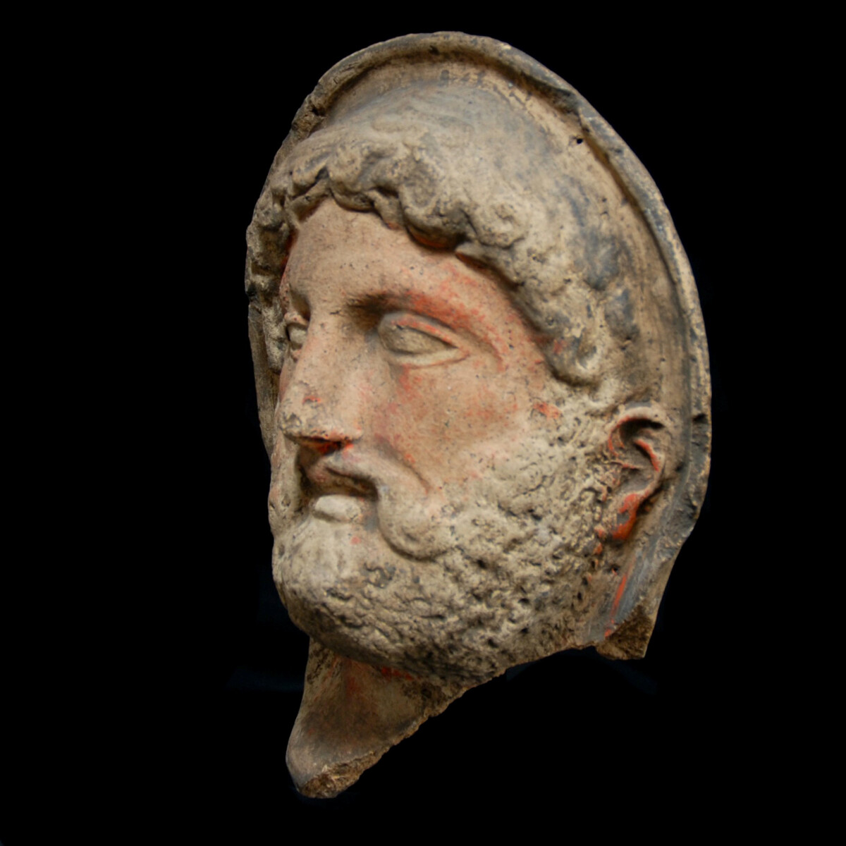 Etruscan terracotta votive head of a bearded man left